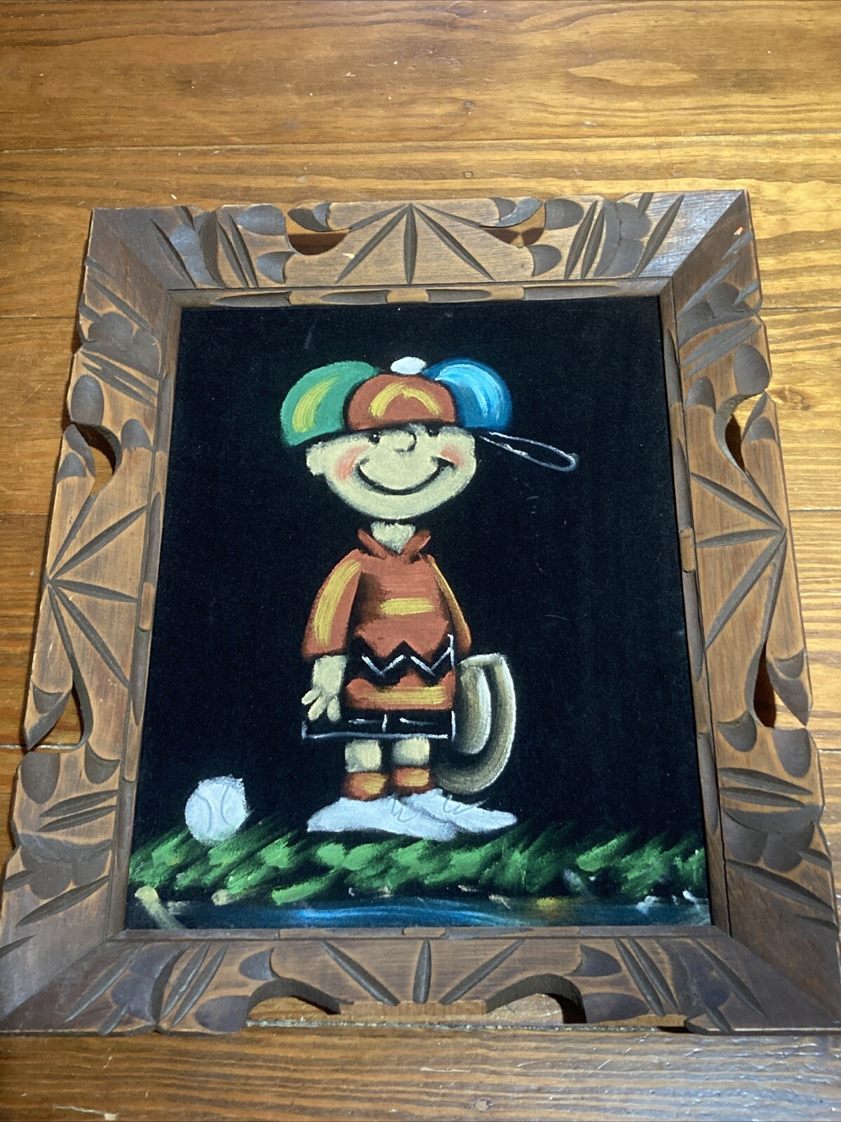 Vintage 70s Charlie Brown Baseball Velvet Oil Painting Canvas Snoopy Peanuts