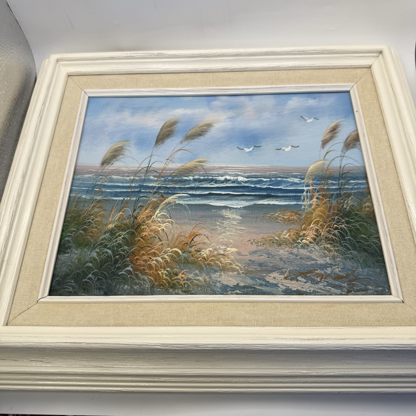Vtg Oil Painting Sea Shore Birds Seagull Signed Canvas Coastal Waves Beach Frame