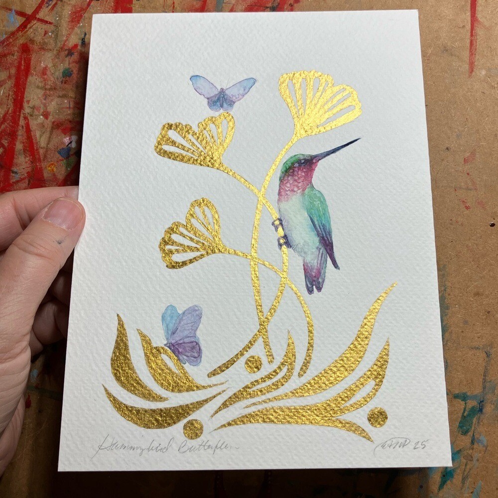 Original painting hummingbird gold floral NEW wall art handmade ooak Artettina