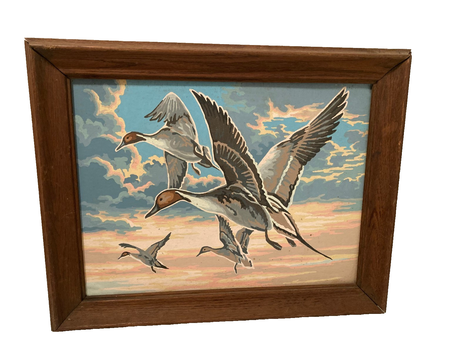 Vtg MCM PBN Hand Paint by Number Northern Pintail Flying Ducks Framed 18.75″x15″