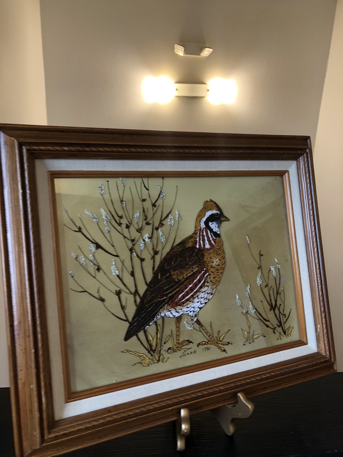 VTG Reverse Glass Art Painting Bowhite Quail Wood Framed Artist Signed 13×16”