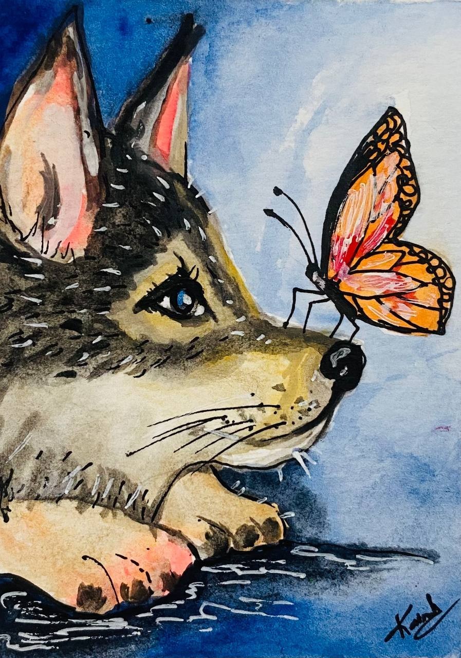 Original ACEO Watercolor Happy Wolf Dog Butterfly Painting Animal Mini Art OOAK