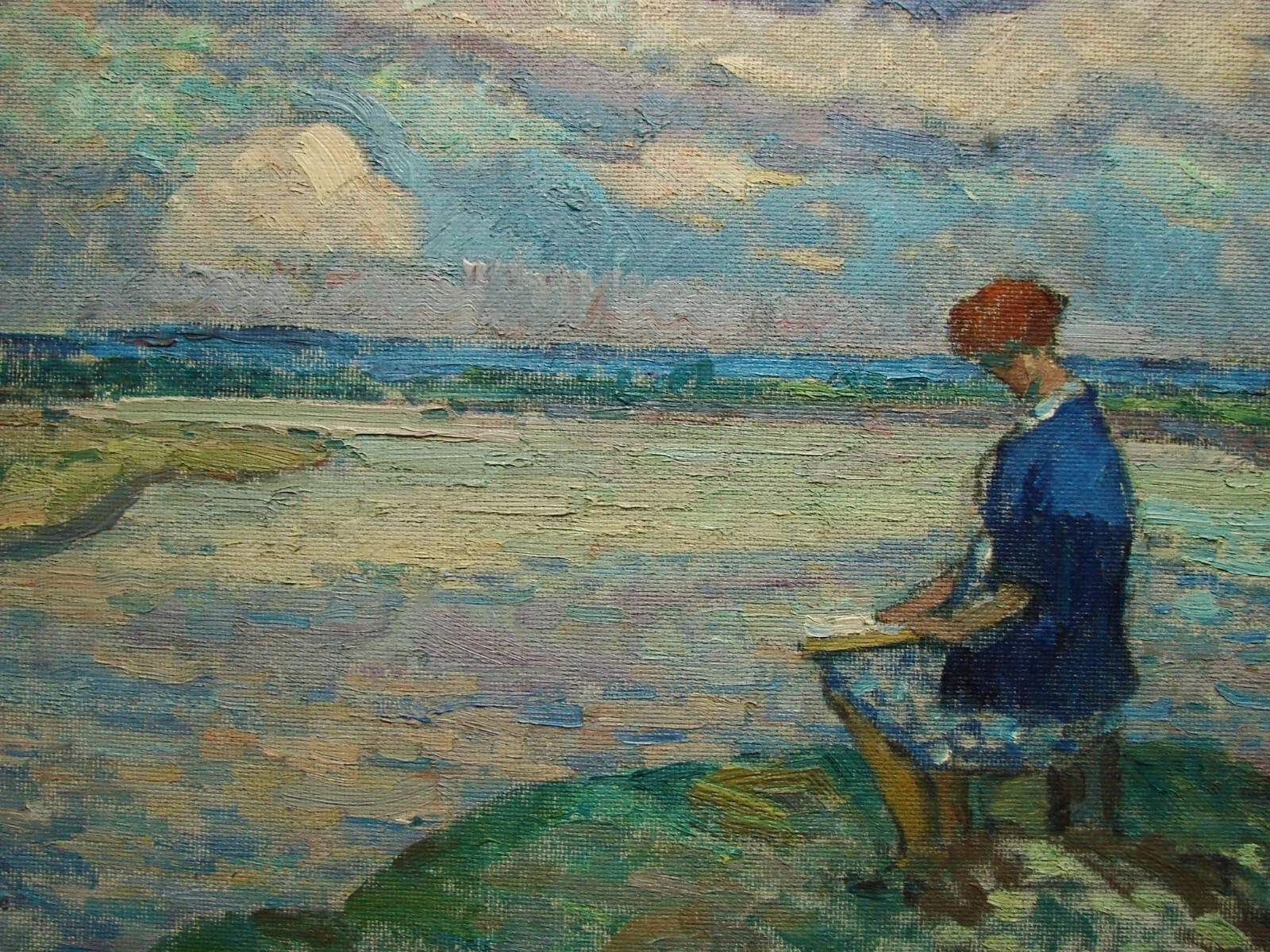 Ukrainian Soviet Oil Painting Pointillism female figure girl rest river clouds