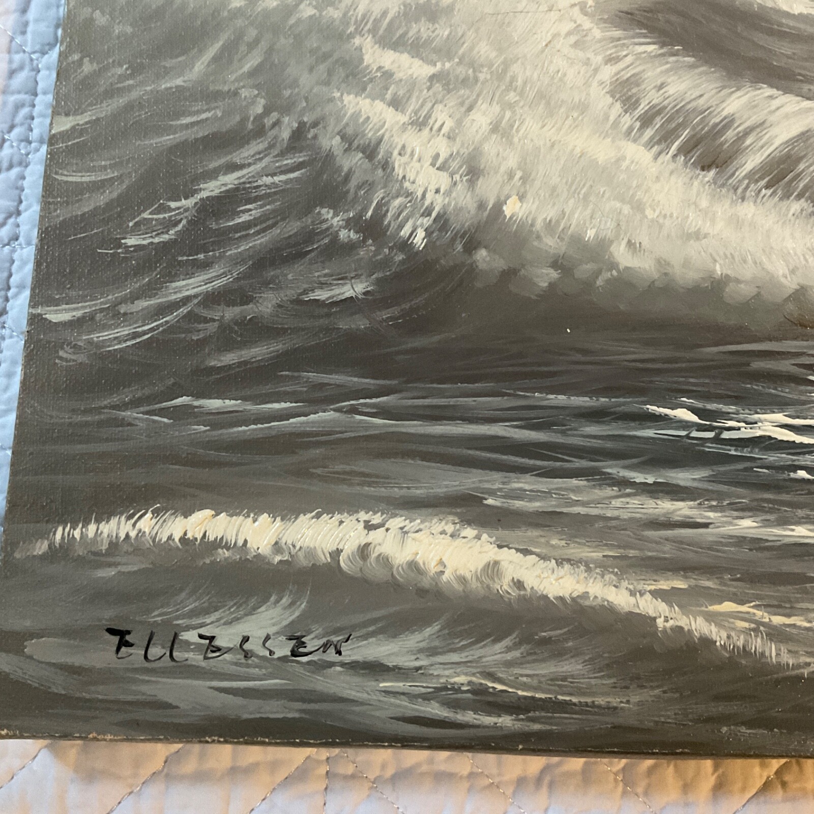 Vintage gray seascape ocean hand painted original PAINTING by Ellessen waves