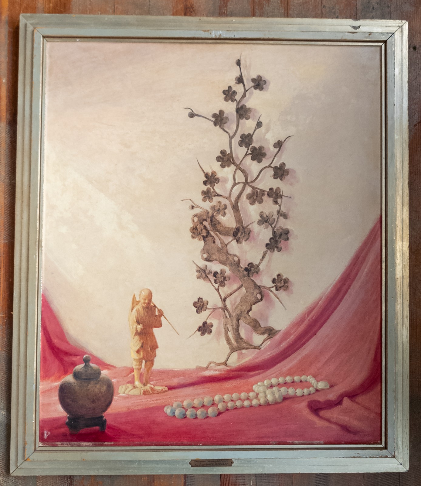 Mid-Century OIl Painting Still LIfe on Masonite by Lorentz Kleiser Prunus Branch