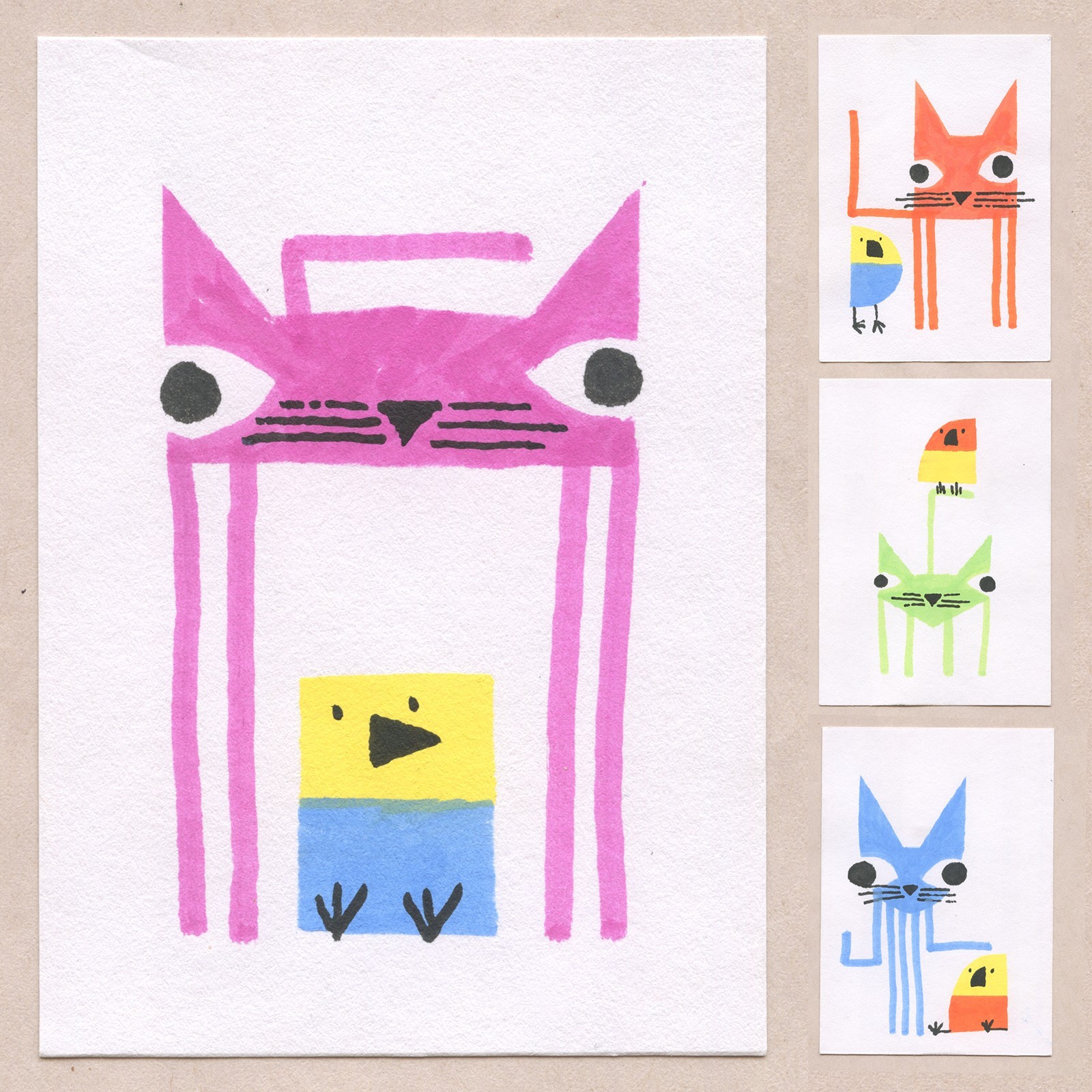 Tim Olly Set of 4 – Weirdcat set 1 – original paintings ACEO art card cat bird