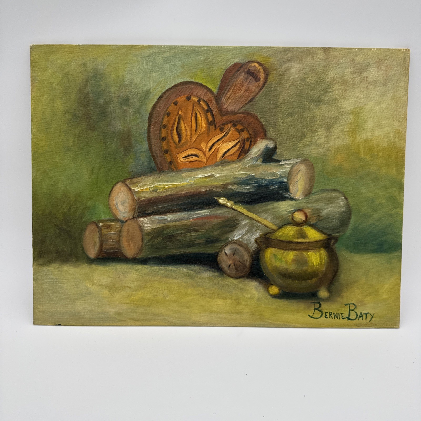 Vintage Still Life Oil Painting Wood Logs Kettle Cutting Board Signed 12×16