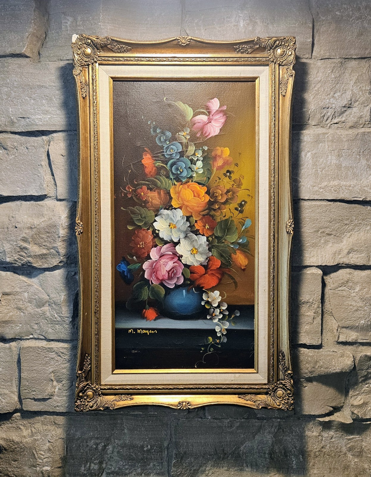 Vintage M. Mayer Original Oil Painting Floral Still Life Bouquet Ornate Gold…