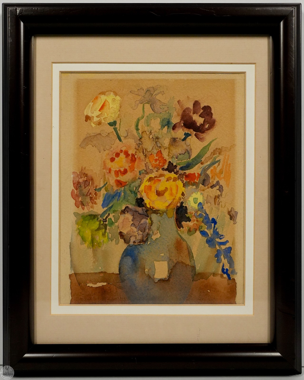 Vintage Impressionist Still Life Floral Watercolor «Bouquet in Cobalt Vessel»
