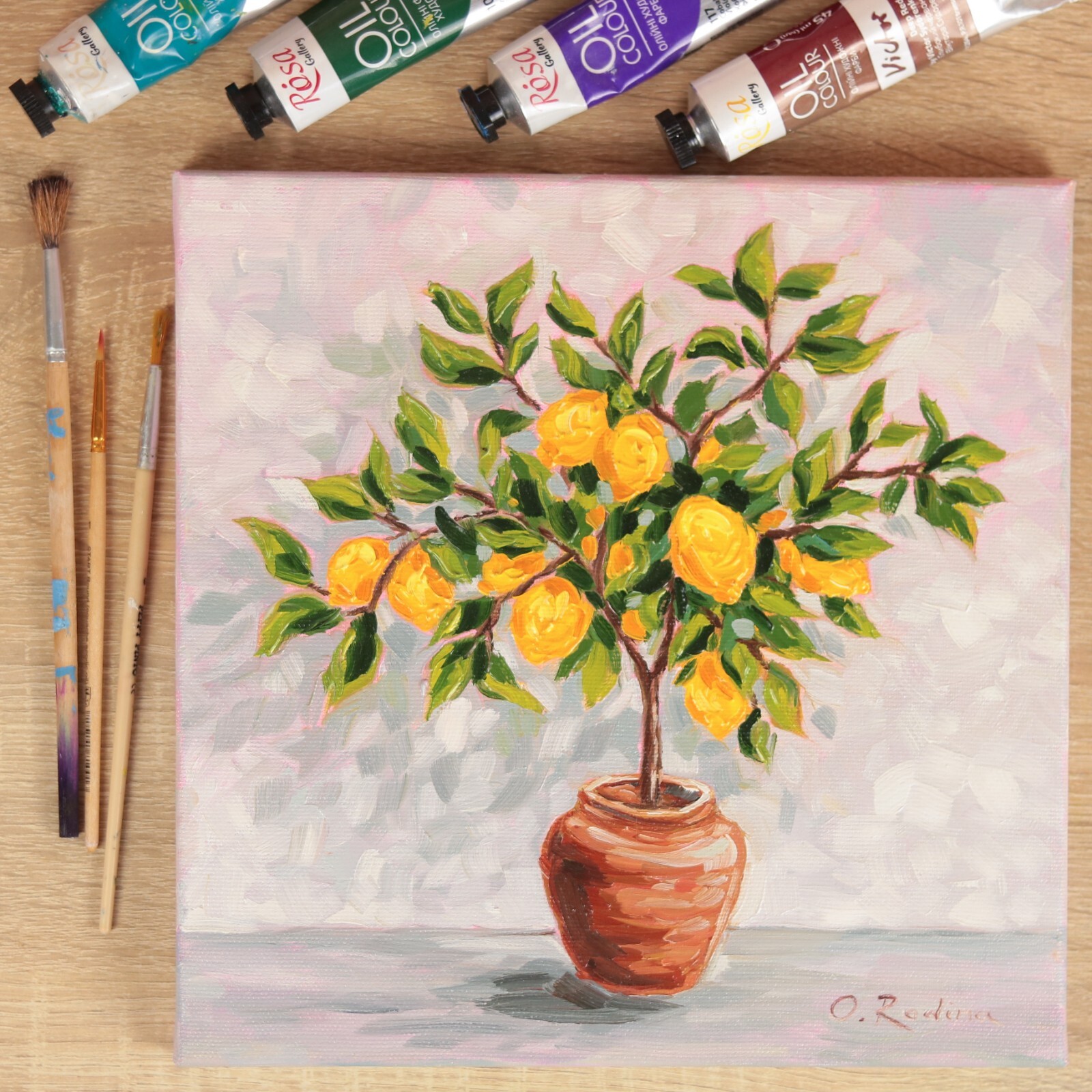 Original Lemon Tree Oil Painting on Canvas 10×10 Lemon Wall Art Lemon Tree