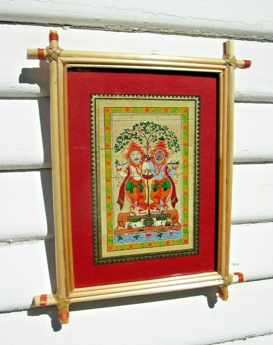 Vintage India Hand Painted Hindu Palm Leaf Ganesh Krishna Radha Art