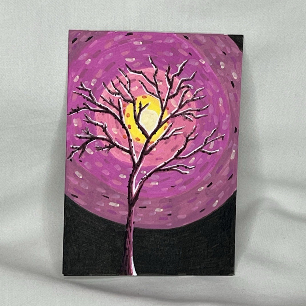 ACEO Youthful Tree Night Moon Acrylic Illustration OOAK Signed Tammy Henderson
