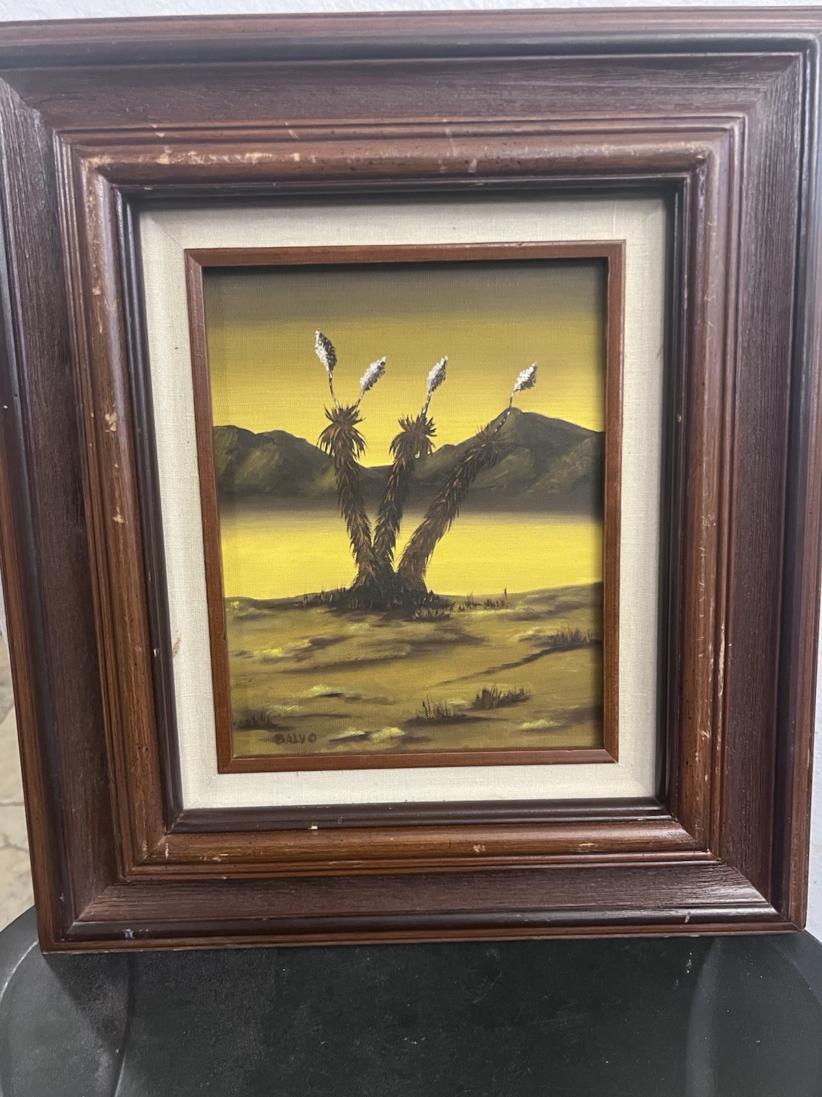 Vintage Desert Landscape Oil Painting by Alvo – Yucca Plants, Framed 18×16