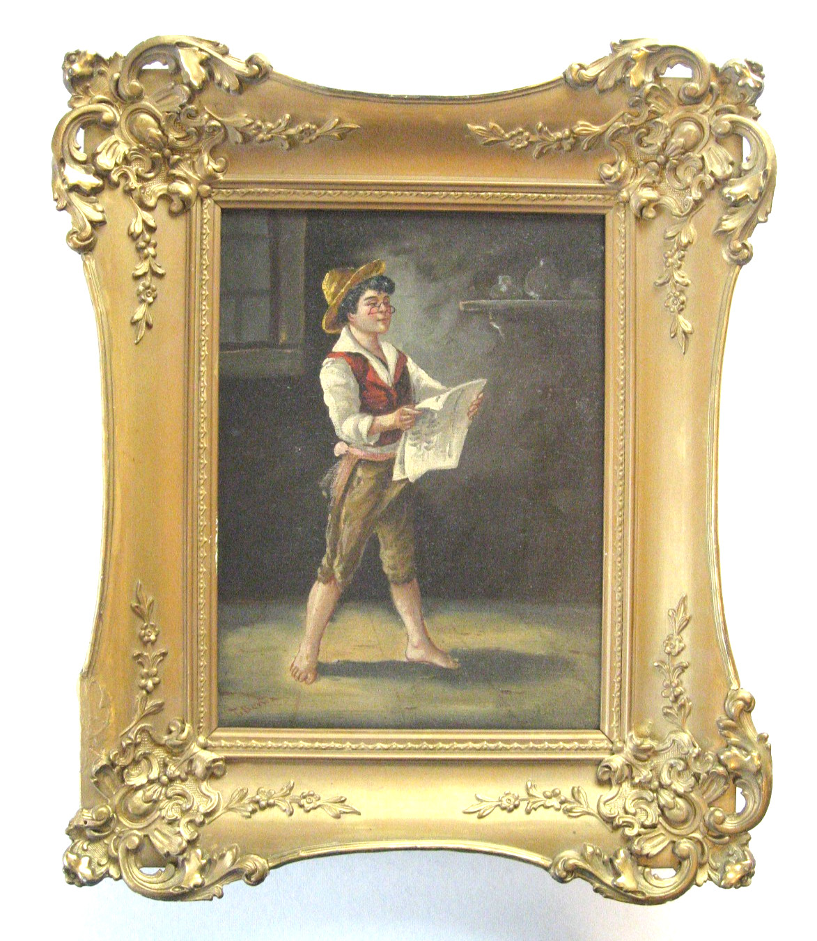 T. Bern (?) Painting of Street Urchin Reading, Parodying Older Person / 1890