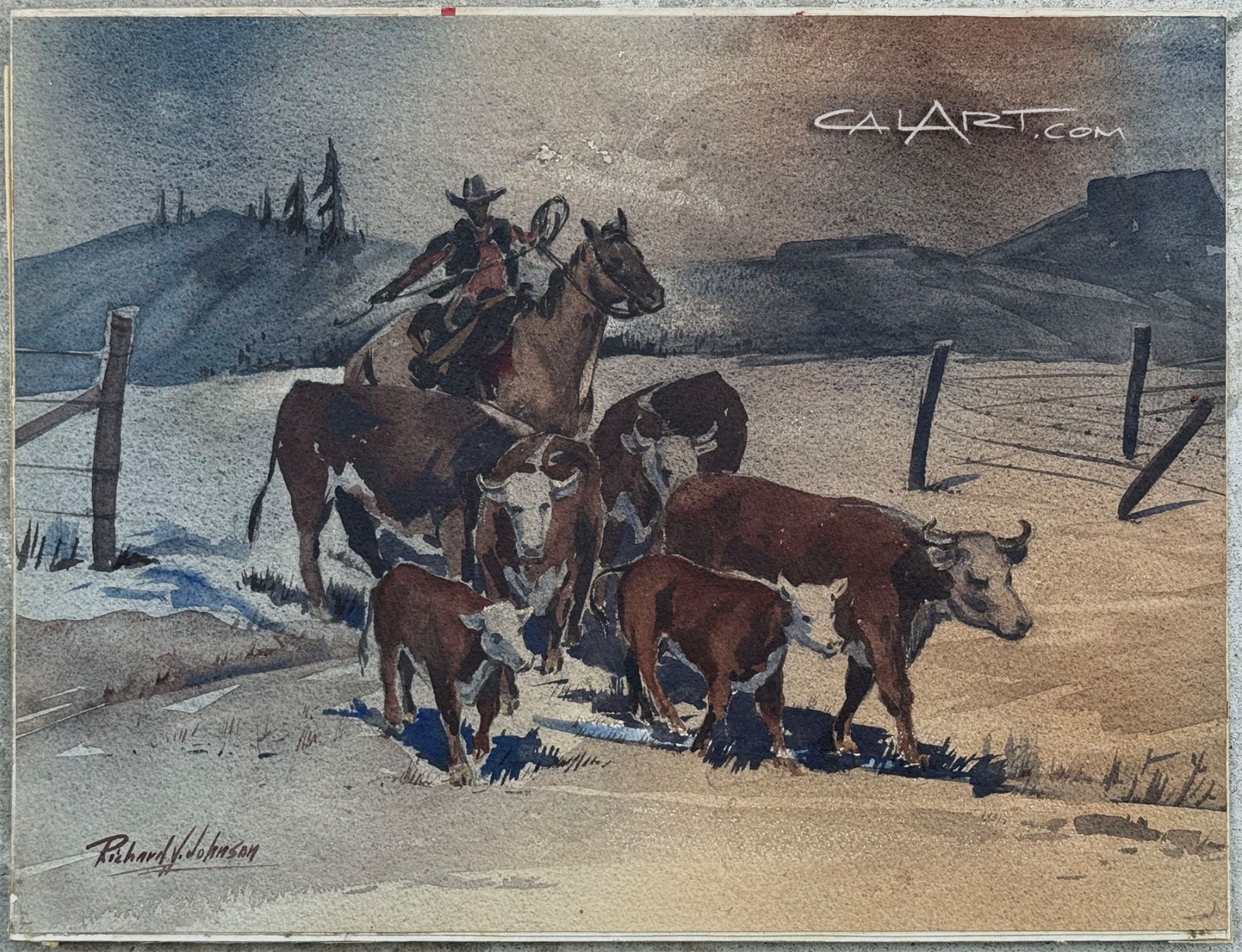 Mid Century COWBOY HERDING CATTLE Watercolor Painting by Listed Regionalist