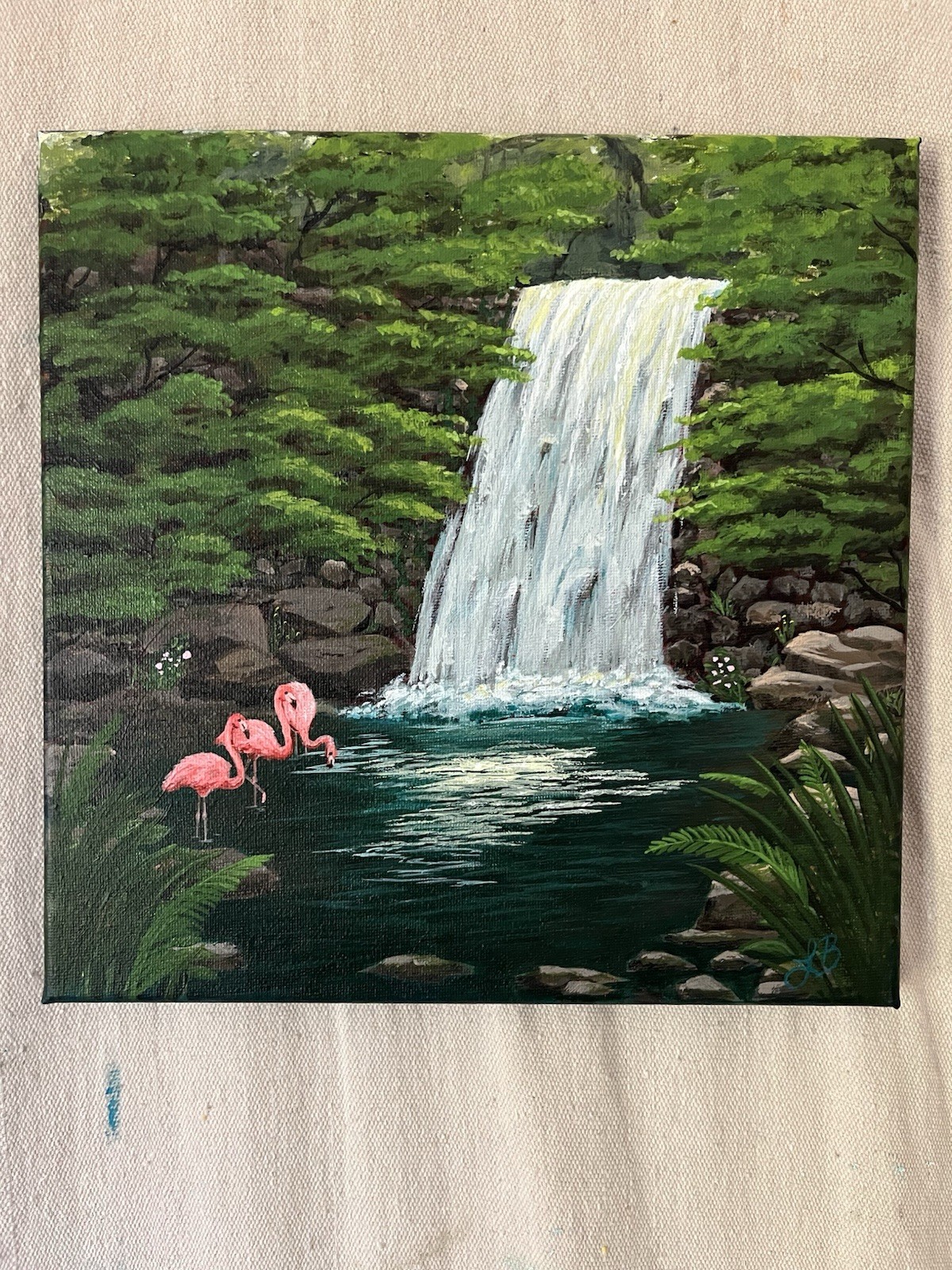 Original Acrylic Painting Tropical Waterfall Flamingos OOAK 10” x 10”