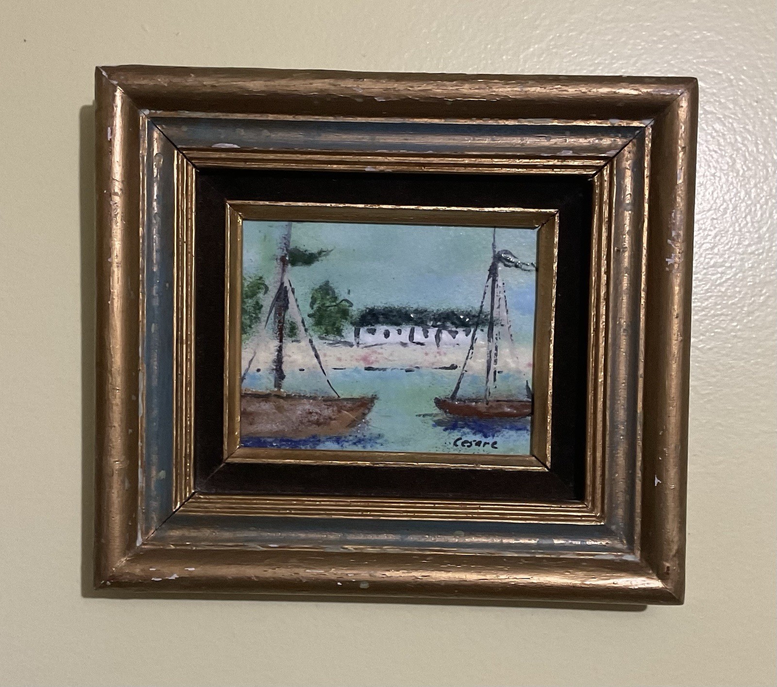 Antique Original Enamel On Copper Mid-Century Tile Painting Signed By Cesare