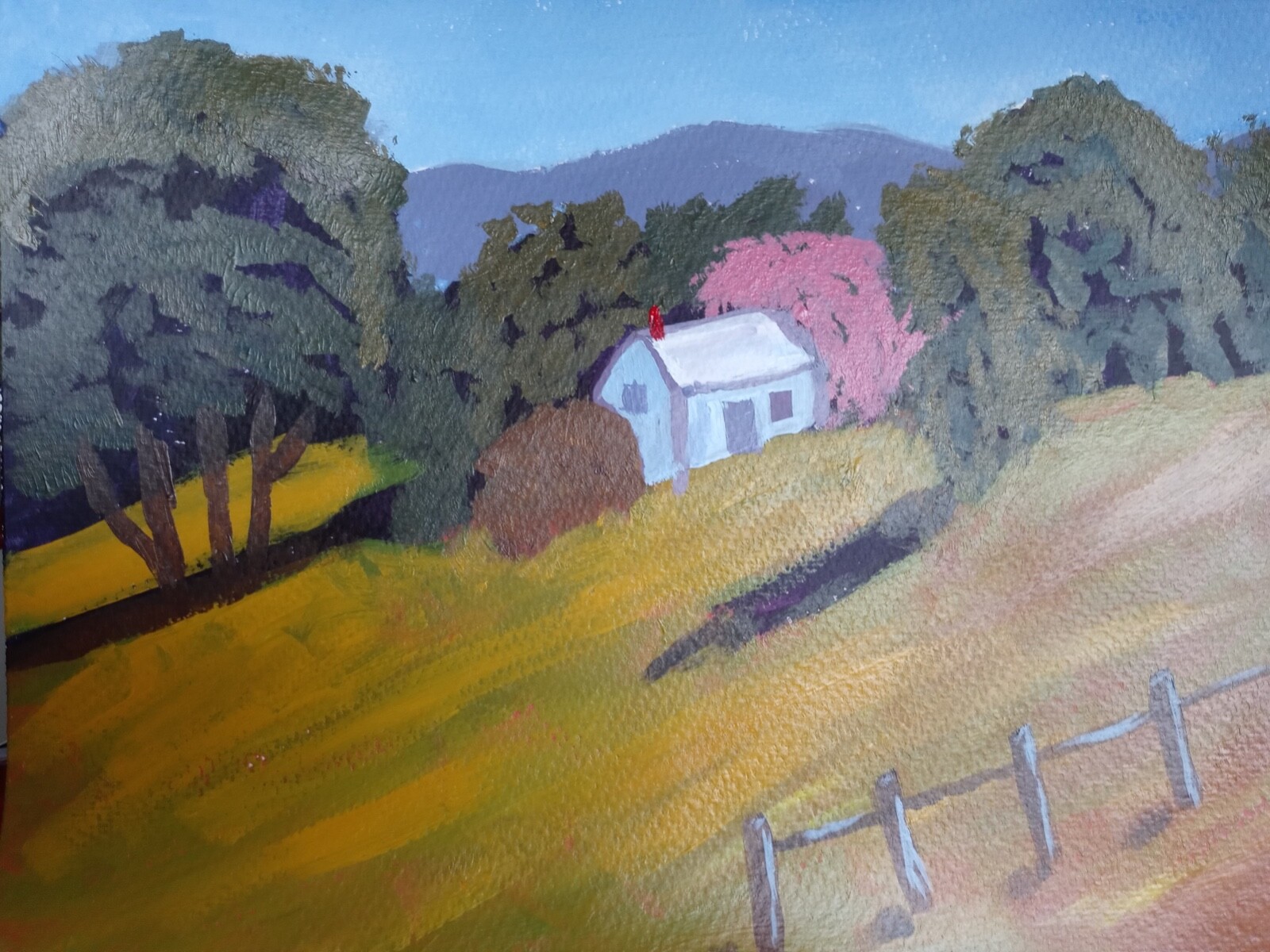 cottage in woods, hillside, trees, Impression Acrylic 11×14 original painting