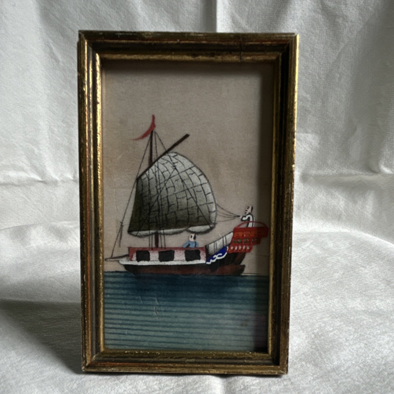 Mini Antique Framed Watercolor Ship Painting Nautical Seascape 4.5×2.75 in