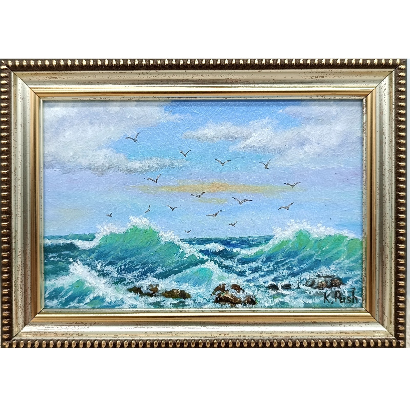Seagulls Ocean Waves Original Oil Painting 4×6 Framed Signed Seascape Wall Art
