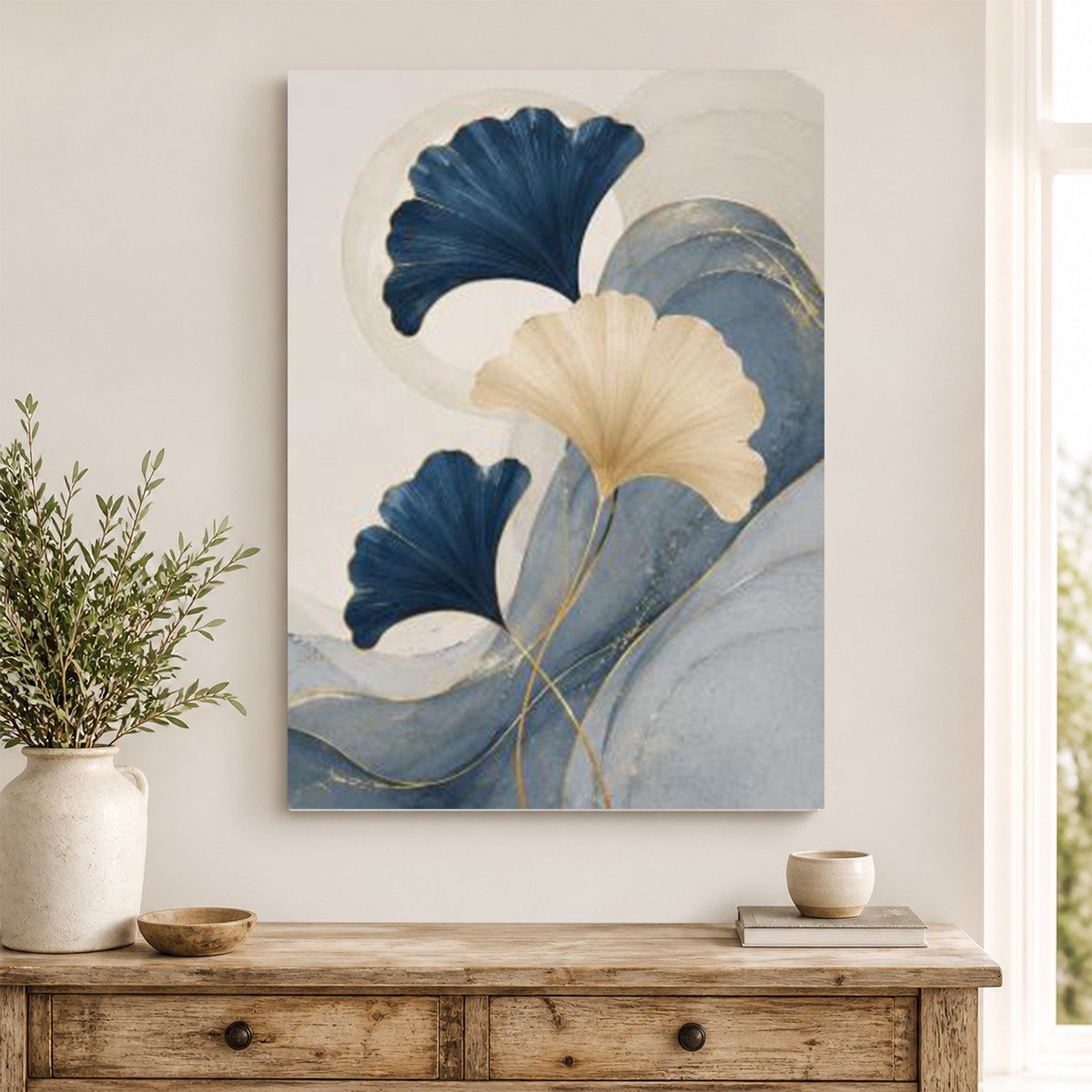 Blue Ginkgo Leaf Canvas Wall Art Abstract Botanical Print Modern Home Decor Gift