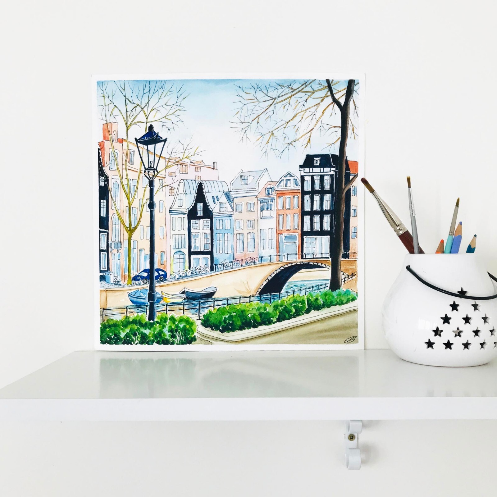 Amsterdam Original Art Netherlands Painting Watercolor Cityscape Art 12 x 12″