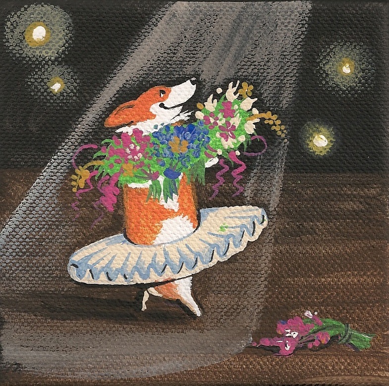 PRINT OF PAINTING RYTA PEMBROKE WELSH CORGI BALLERINA 4X4 FOLK ART DOG FLOWERS