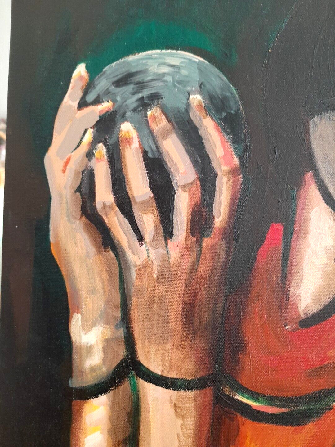 16×20 Acrylic on Canvas Original Contemporary Painting Girl holding sphere/orb