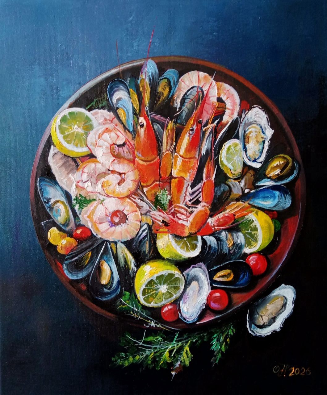Original Oil Painting Seafood Still Life Shrimp Mussels Oysters Kitchen 30×25 cm