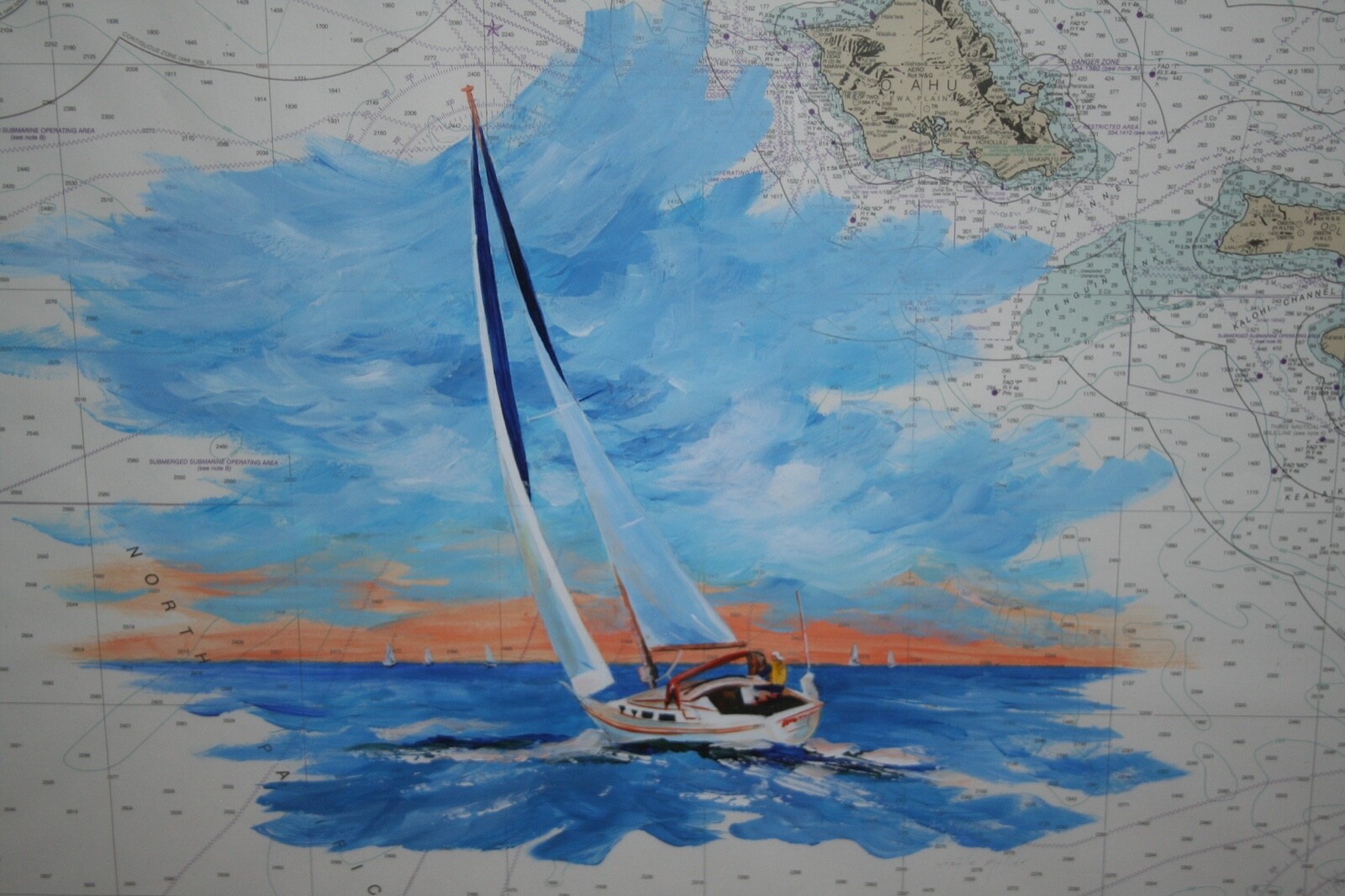 GAYLE MILLER NAUTICAL SAILBOAT SAILING PAINTING HAWAIIAN ISLANDS TOPOGRAPHIC MAP