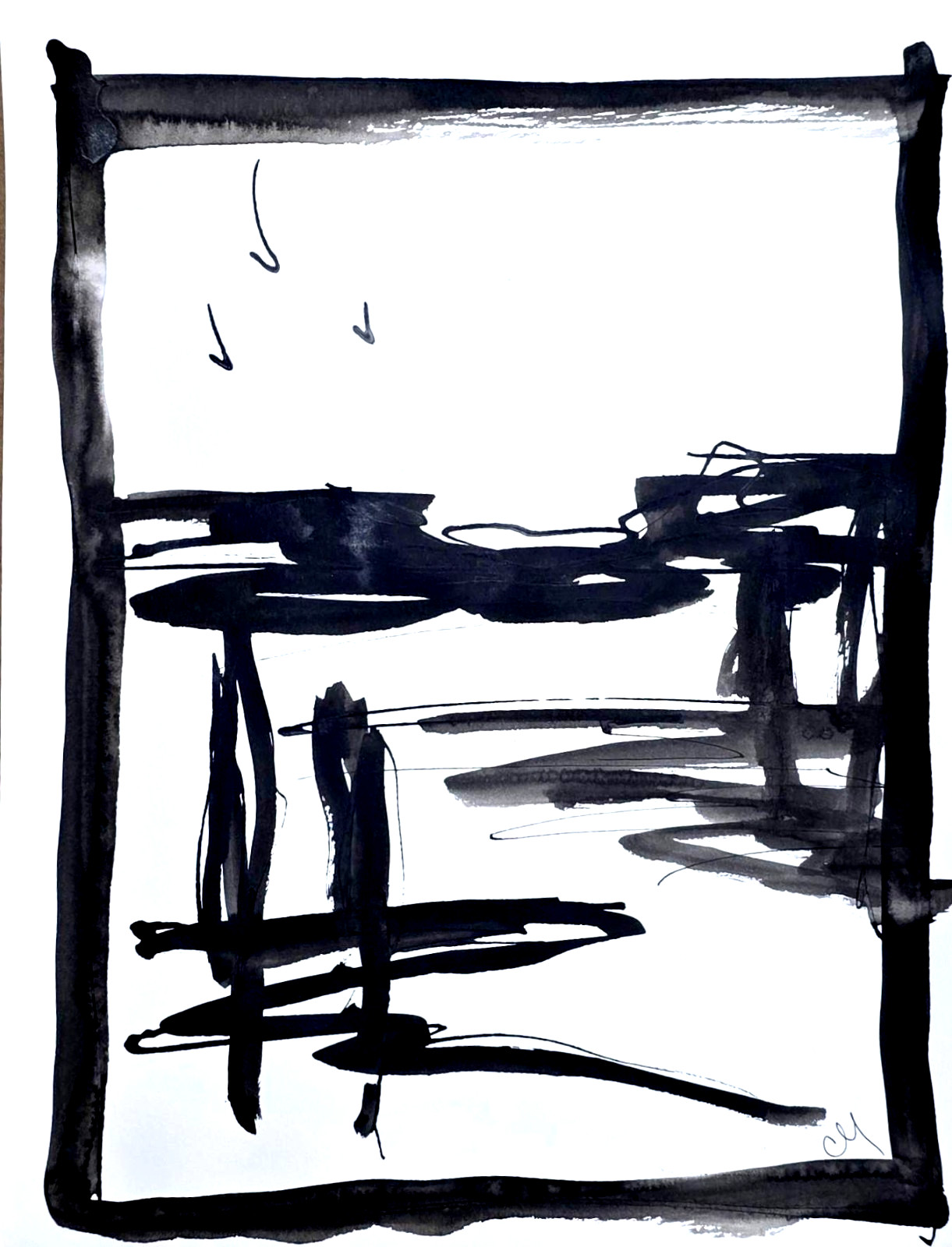 Original Minimalist 9×12 Acrylic Landscape Painting Black White Paper Signed Art