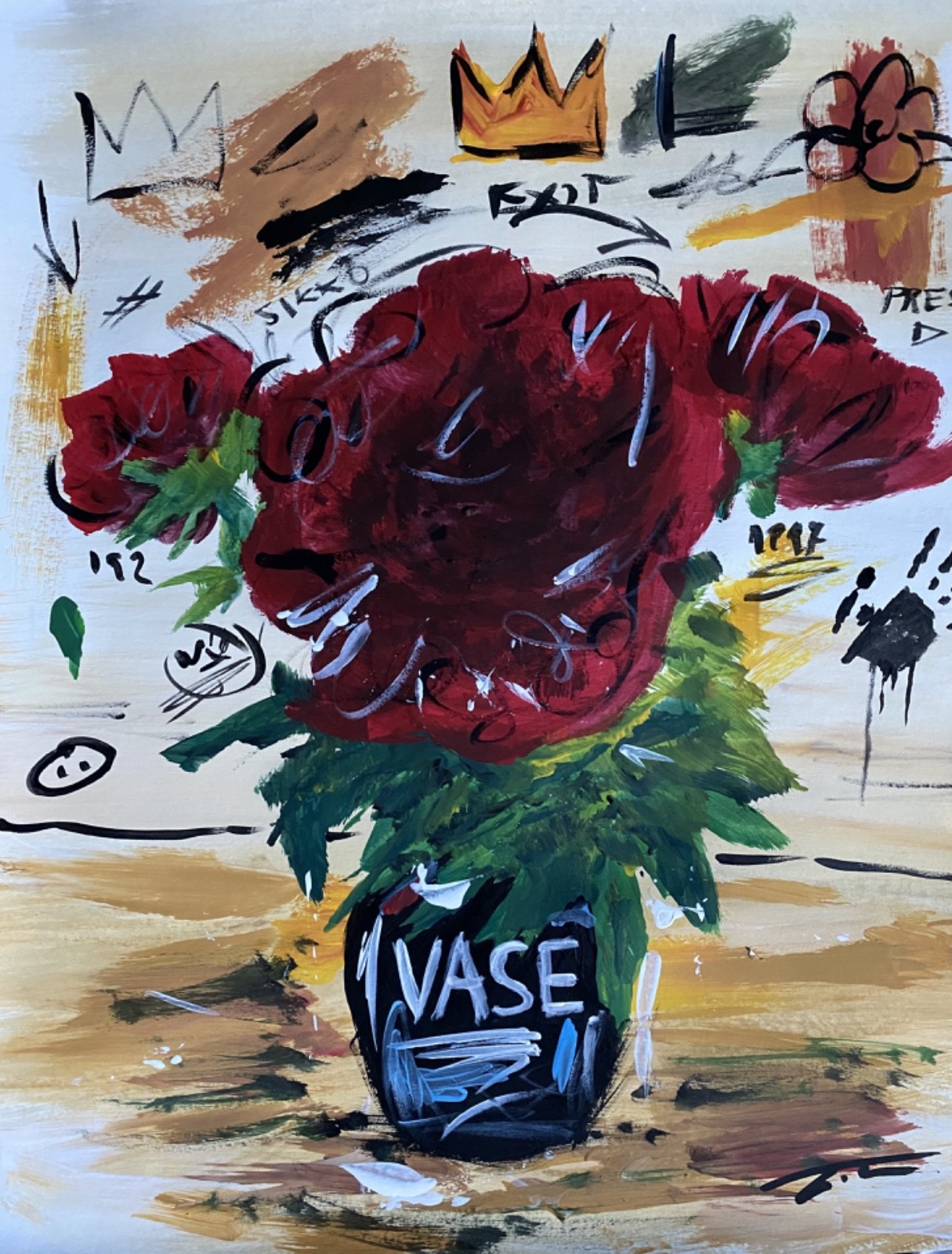 Red Peonies Flowers In Vase Abstract Graffiti Acrylic Original Art 14×11 Paper