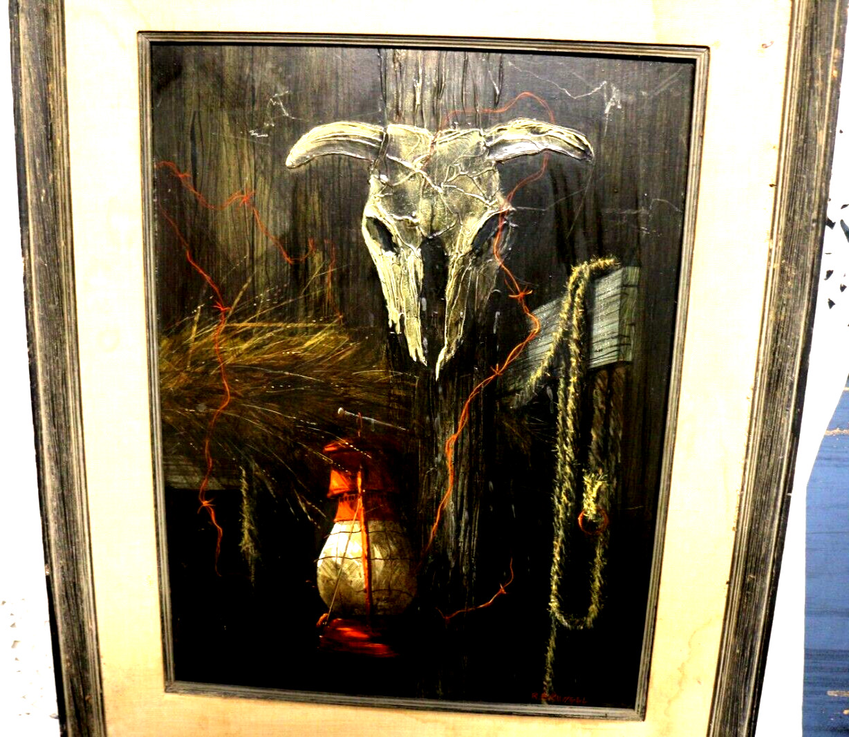 Still Life Skull Lantern Acrylic Board R.E. Russell (1933-2010) framed 32 x 26.5