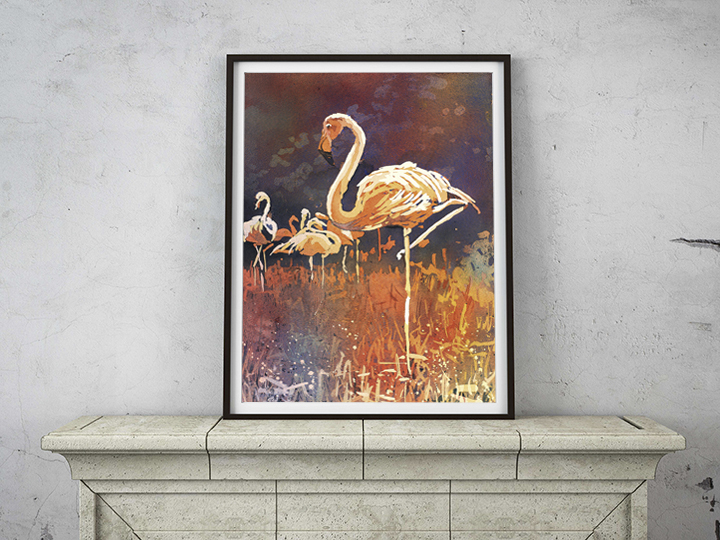 Flamingo painting. Watercolor painting of flamingo. Painting flamingo (print)