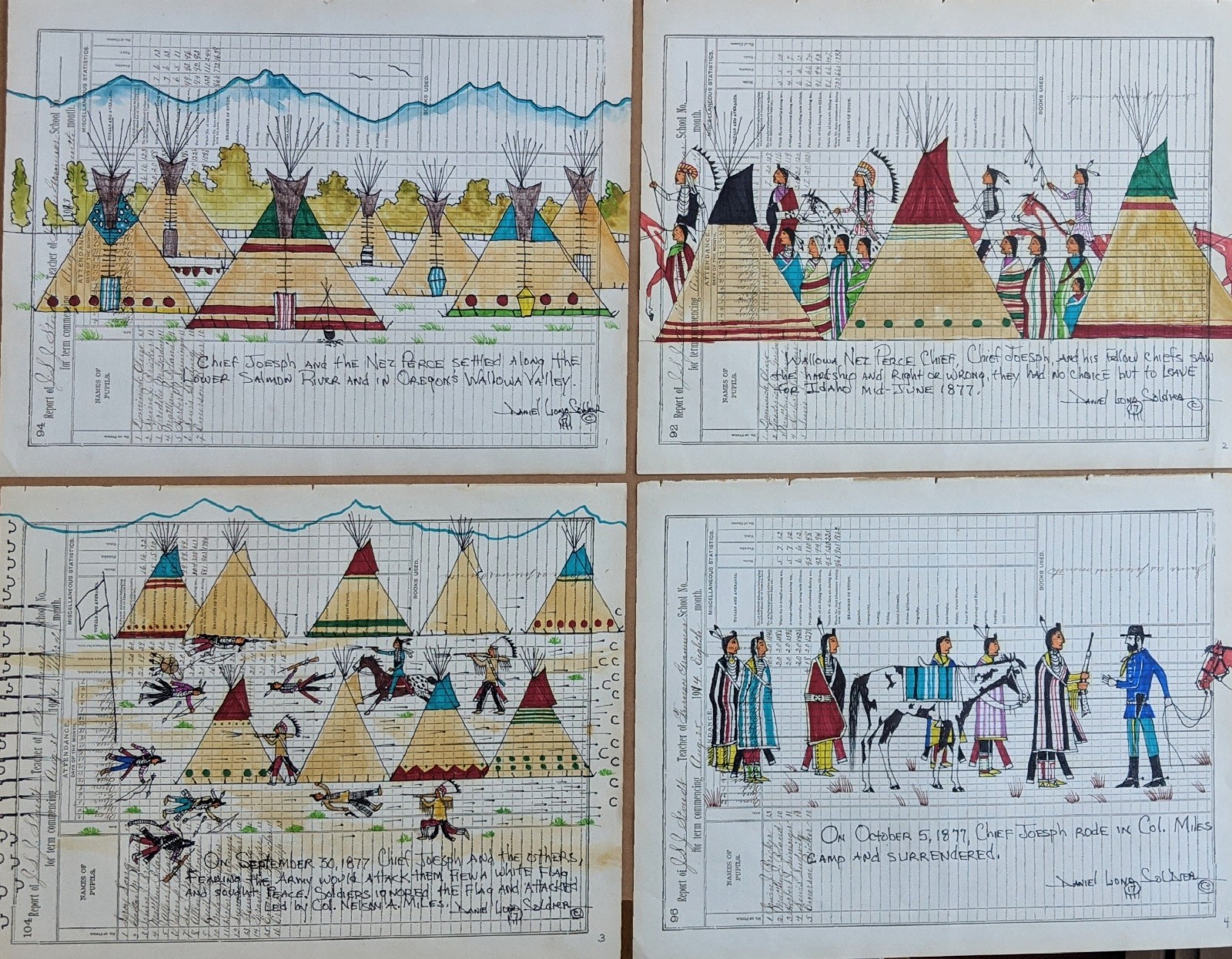 Daniel Long Soldier THE CHIEF JOSEPH STORY, 1877, SET OF 4 Original Paintings