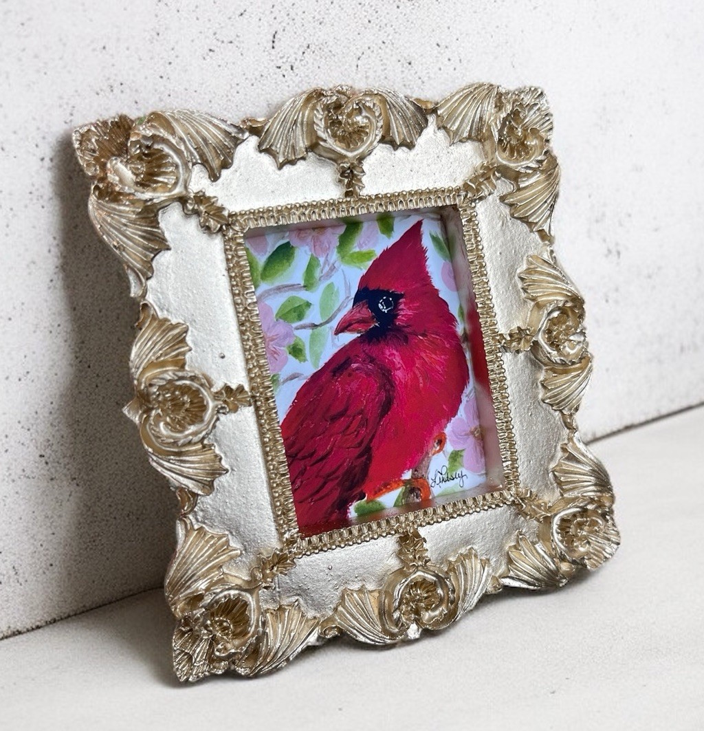 Red Cardinal bird watercolor print in mini gold vintage style ornate frame
