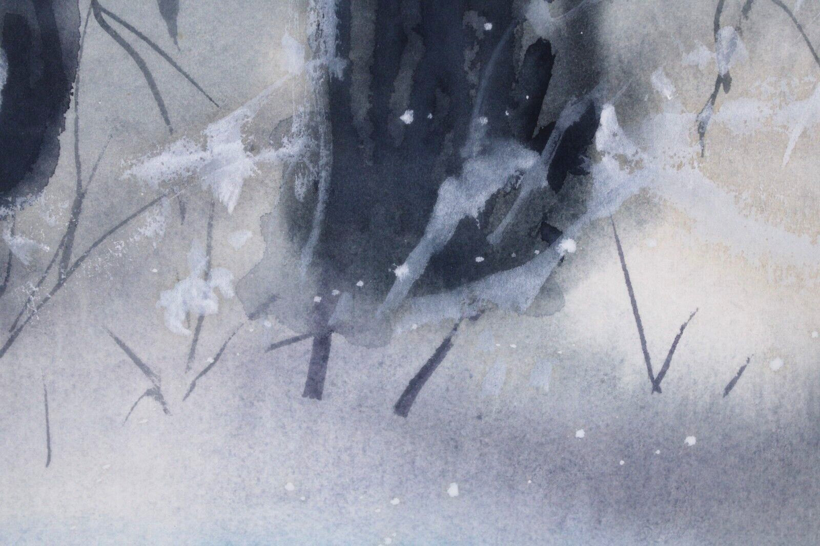 Landscape Winter Scene With Snow Watercolor Painting Signed Illegible 1984