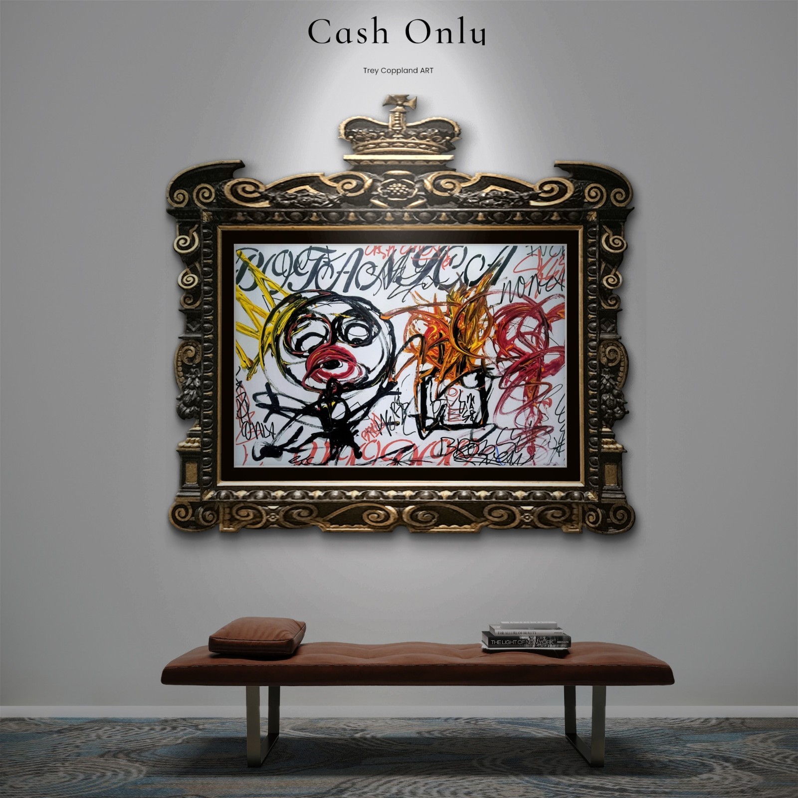 Cash Only, by Trey Coppland Abstract Face Graffiti Acrylic, 24+36 in, Signed