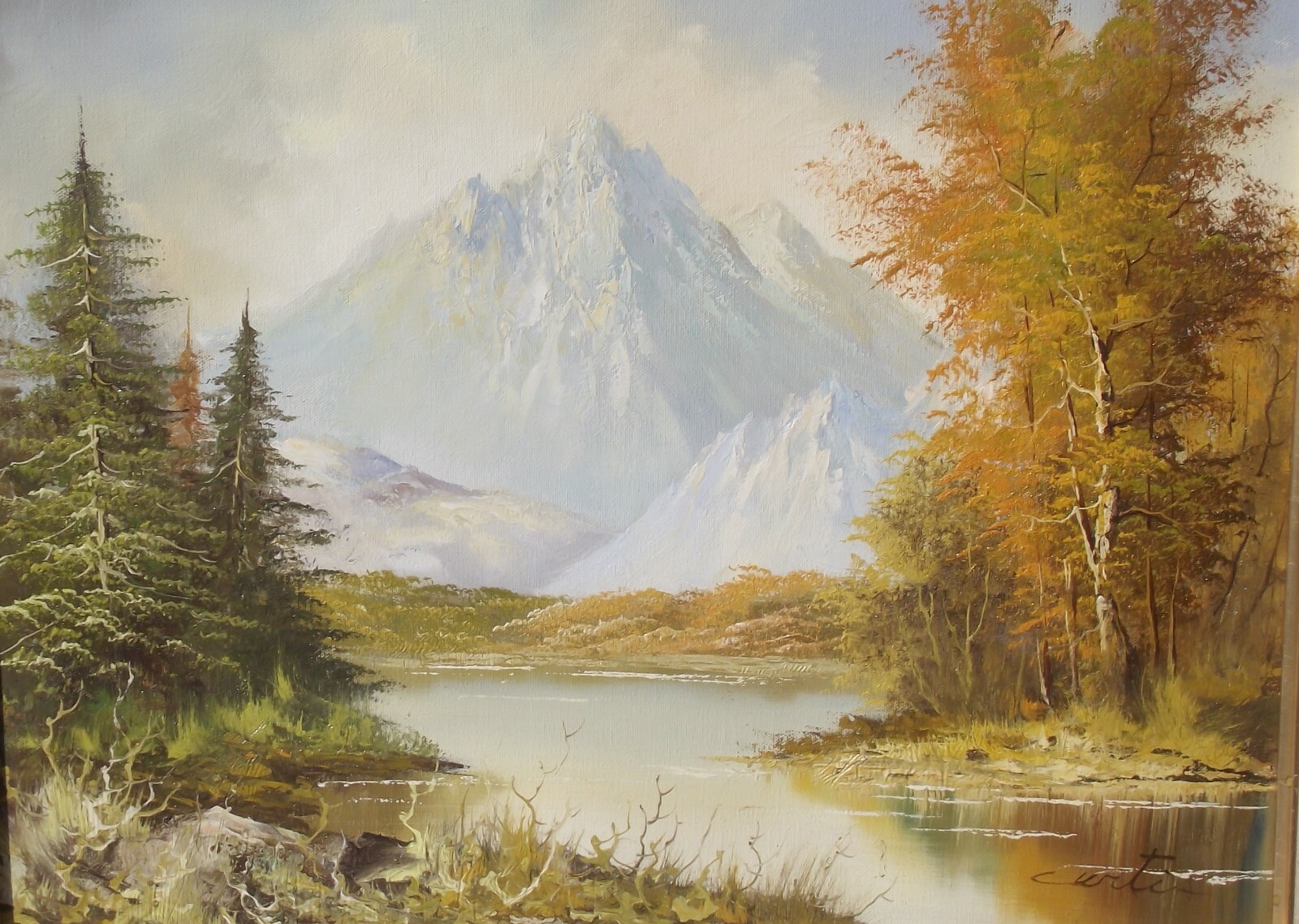 Vintage Curtis Signed Oil Canvas Snowy Mountain Lake Pine Trees Autumn 16″x20″ L