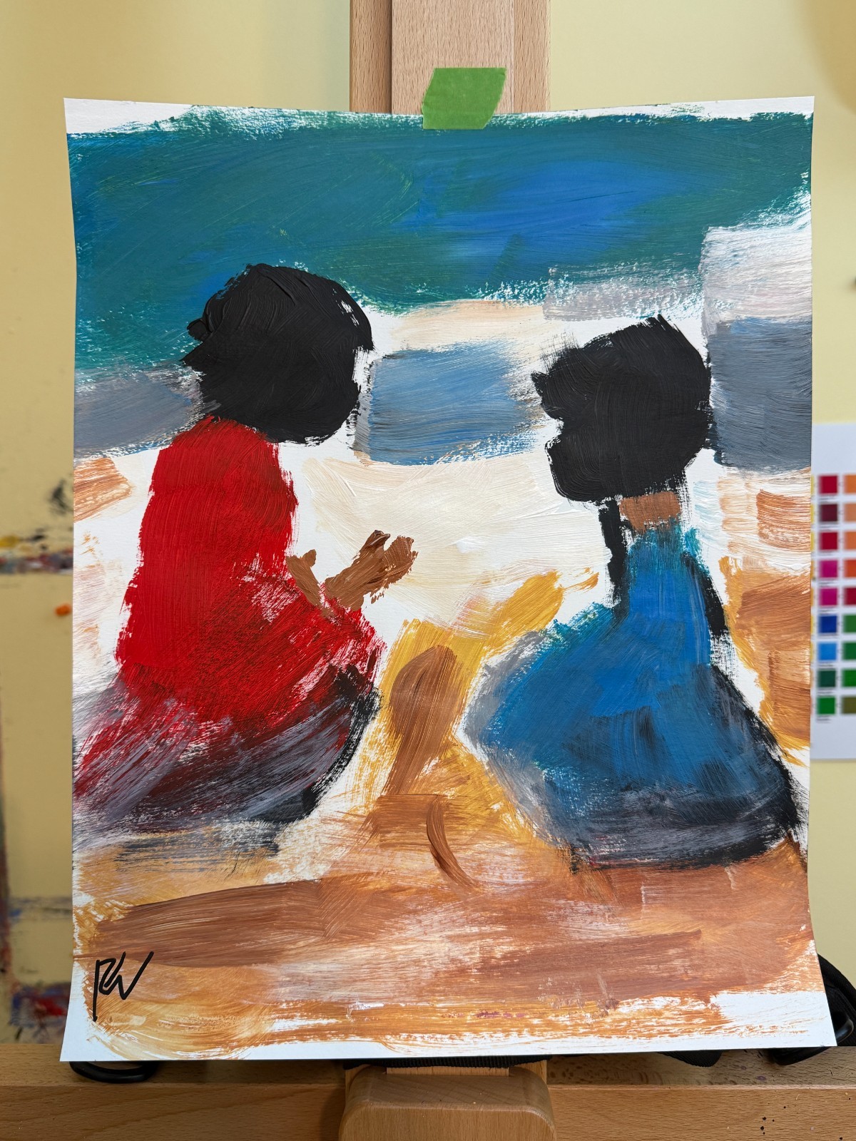 Original 11×14 Expressionist Hand Painted Signed Acrylic Paper Art Kids at Beach