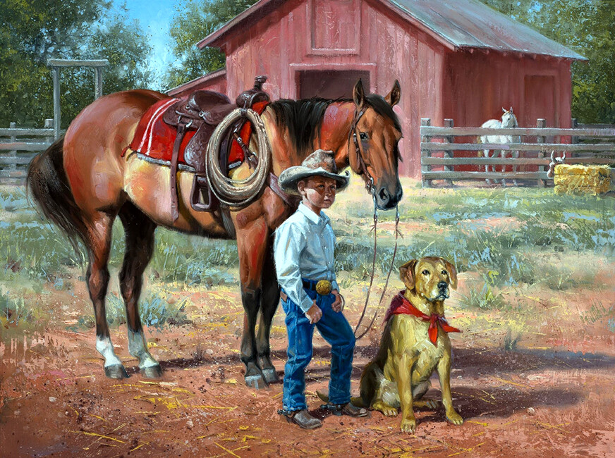Wall art Little cowboy with dog oil painting Giclee Art Printed on canvas L2226