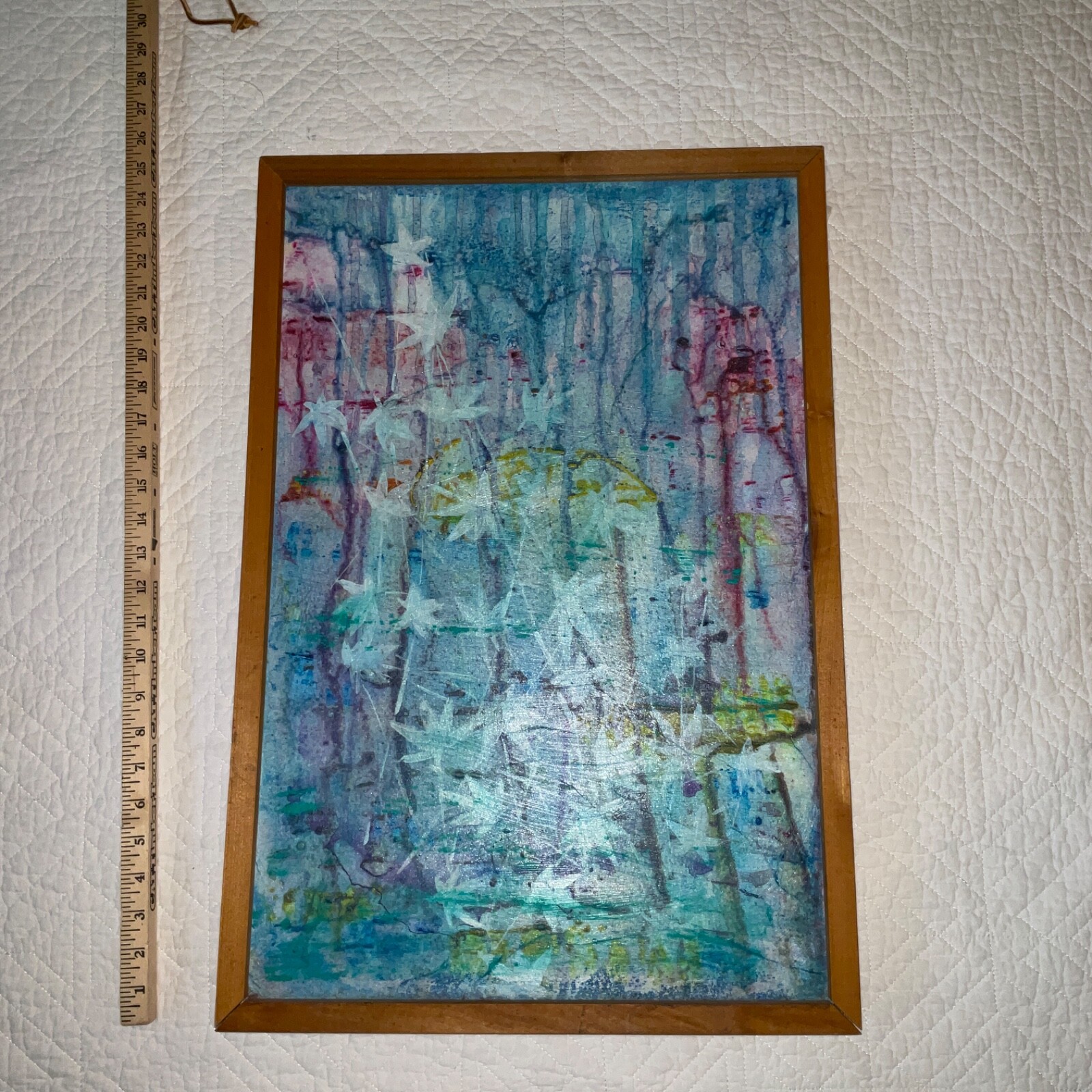 Abstract original hand painted PAINTING collage signed aqua blues falling leaves