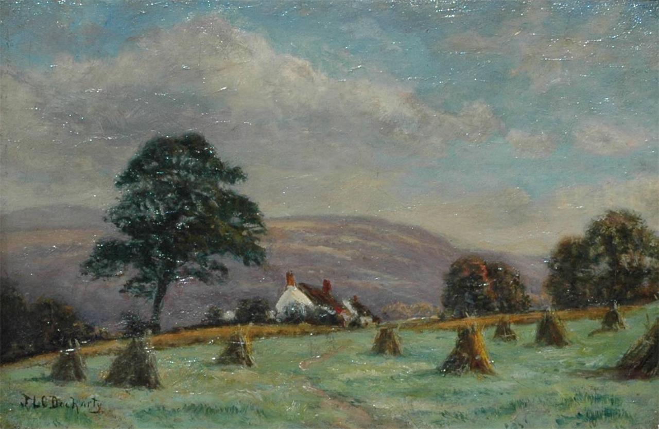 Vintage Oil on Canvas Scottish Landscape with Haystacks By James L C Docharty