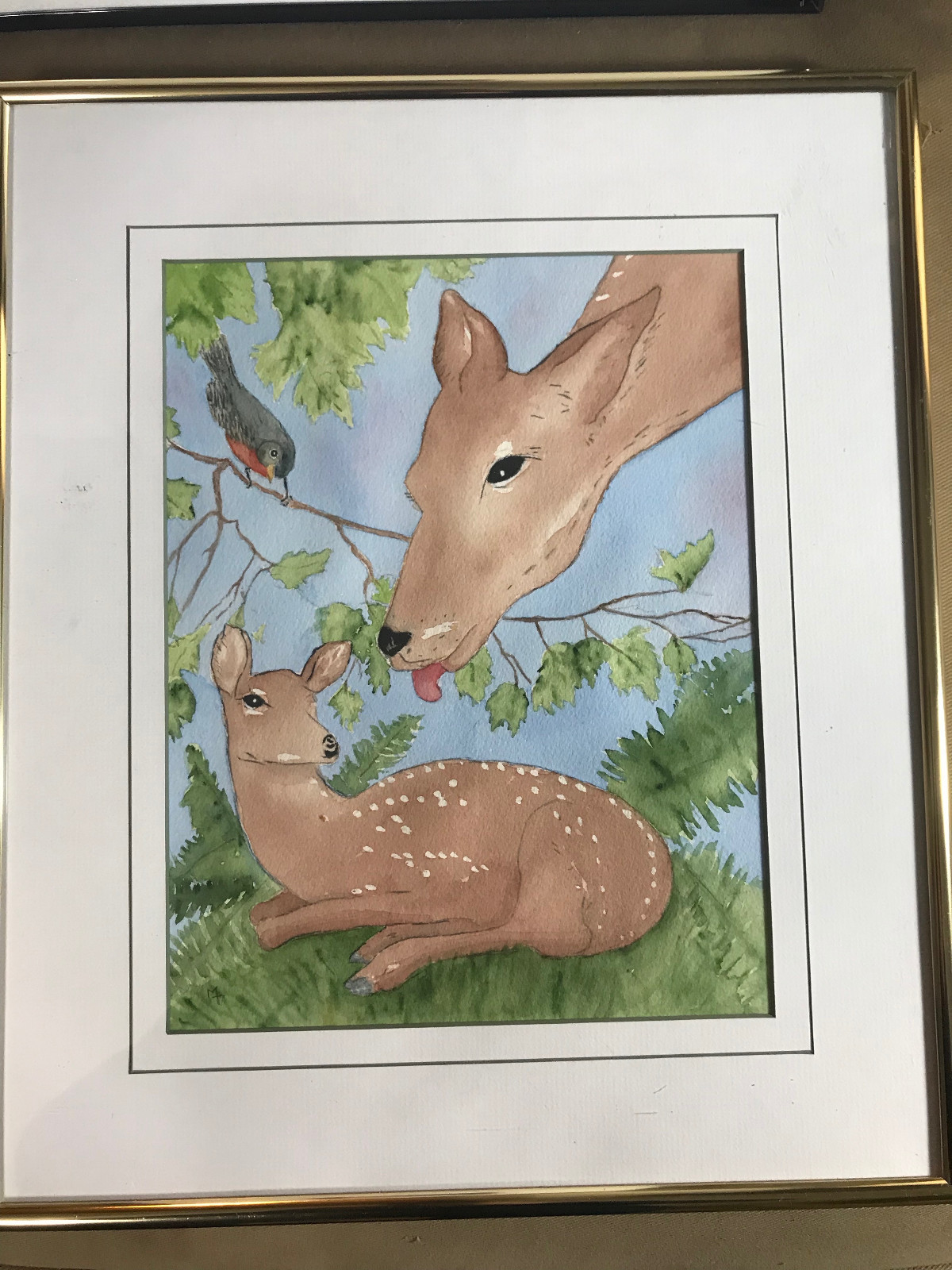M Tolar «Deer And Fawn Scene» Watercolor Painting – Signed And Framed