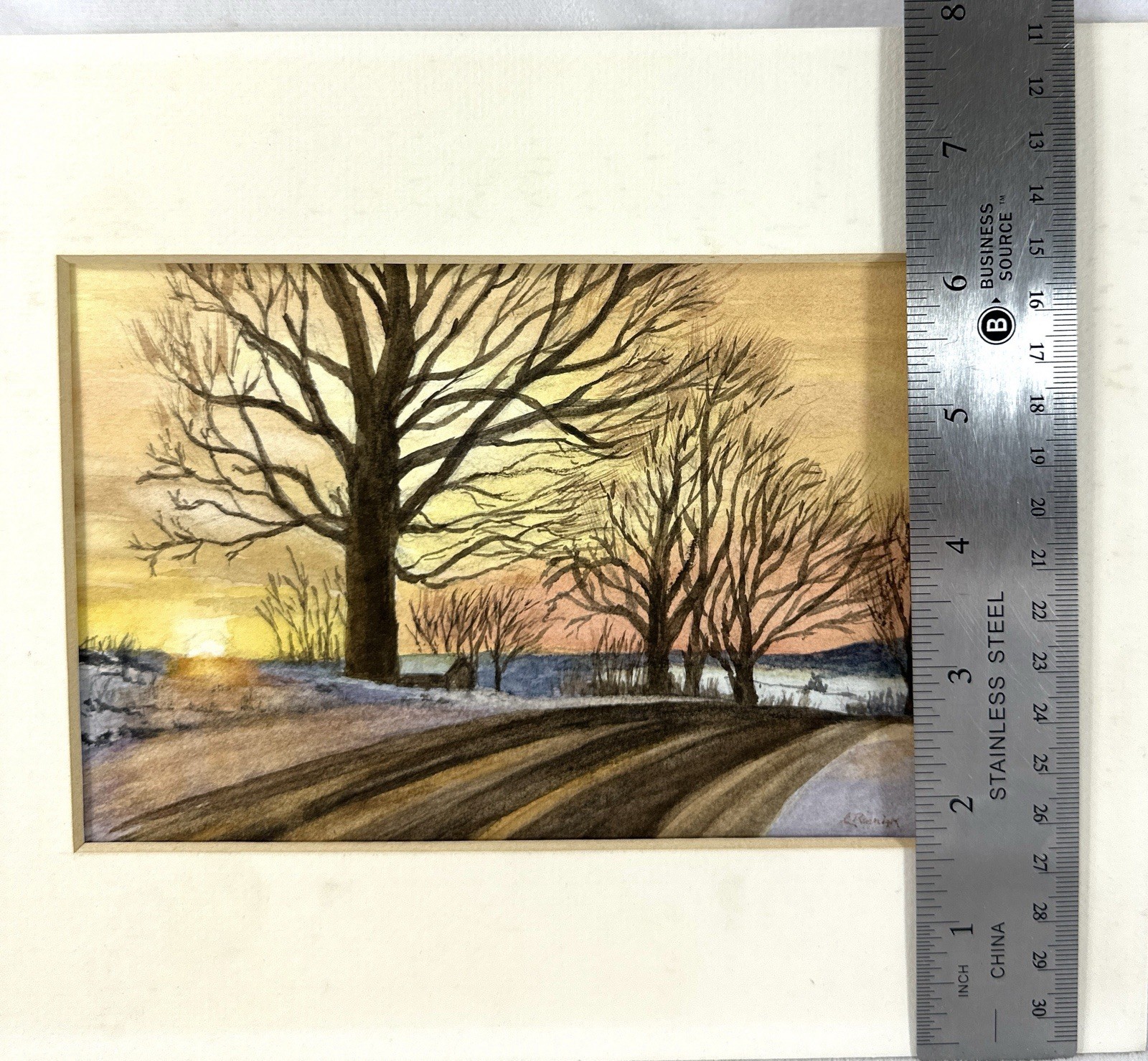 Winter Landscape Watercolor Painting Illegible Signature Matted 10×8 Sunset