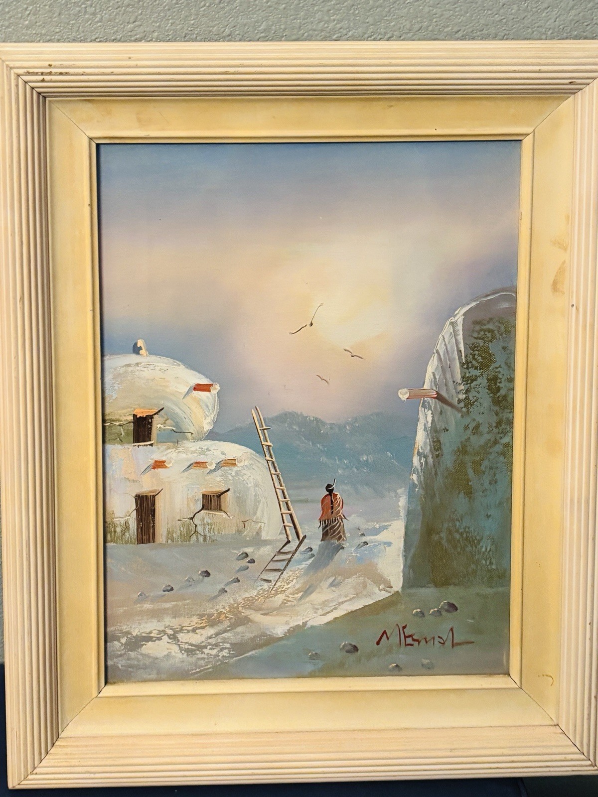 K Mescal Original Oil Painting SW Pueblo Native American Art Vintage 21.5×17”