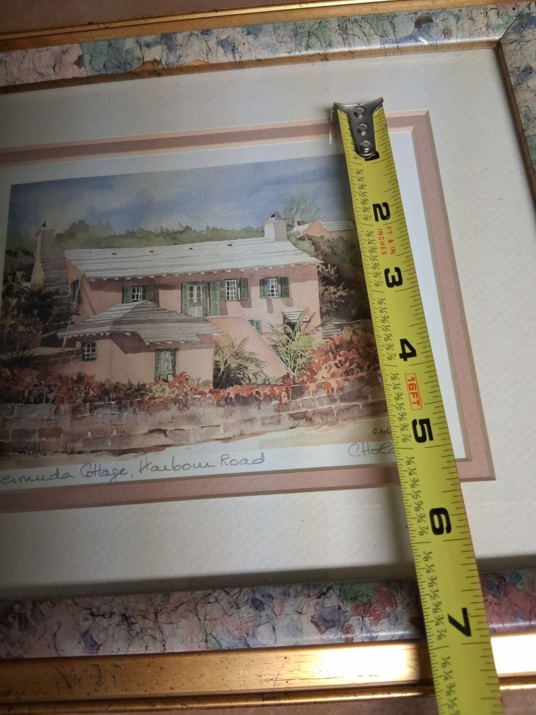 Framed C. Holding Signed BERMUDA COTTAGE HARBOUR ROAD Watercolor Print Art