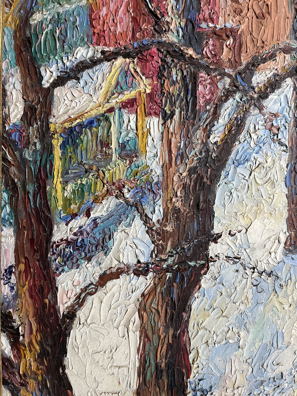 ORIGINAL TEXTURED AMERICAN TOWN ANTIQUE WINTER SNOW VINTAGE LANDSCAPE PAINTING