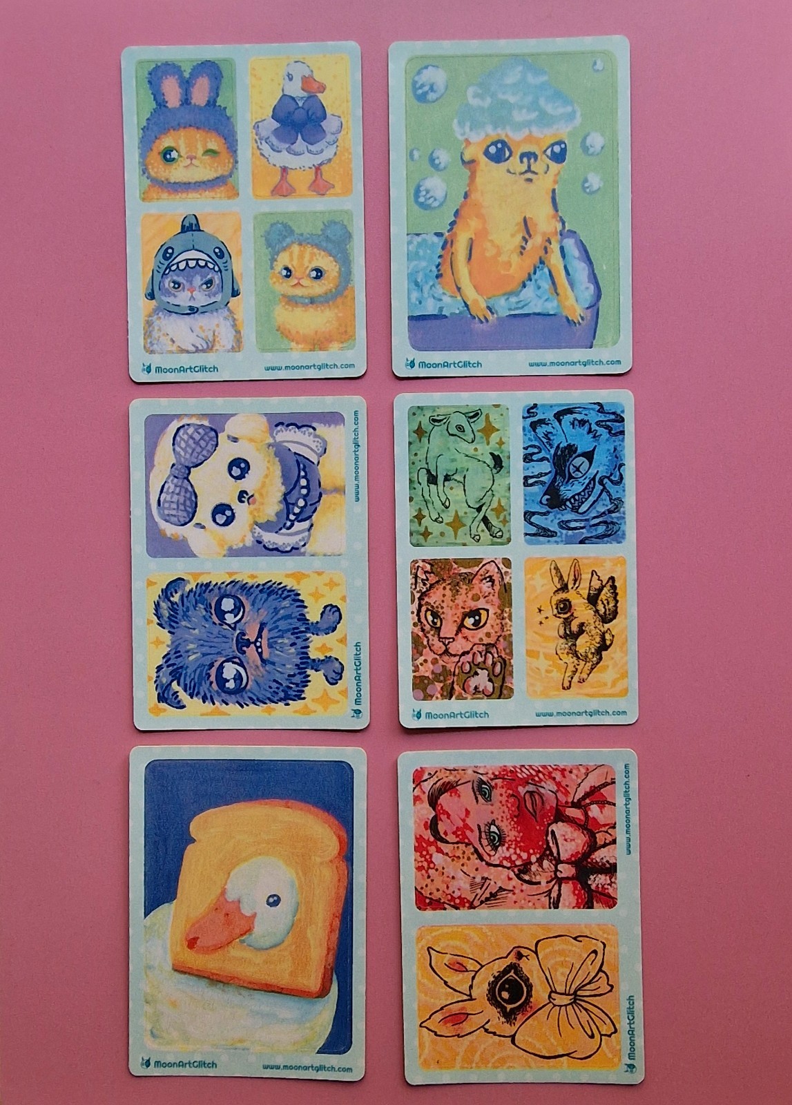 Aceo PRINT STICKER by MoonArtGlitch ~ Pack 1A ~ Cat Duck Dog Bunny Animal Cards