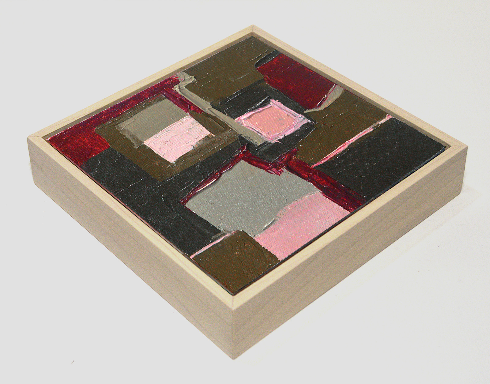 Framed Geometric Abstract Oil Painting Bold Red Pink Olive Green Textured Wall A